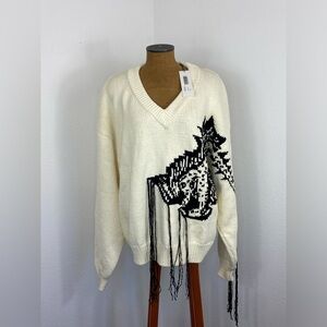 Hellessy Ortega Dinosaur Women’s Sweater Oversized L Ecru & Black Fringe $890